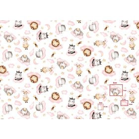   160 cm széles pamutvászon textília  / állatok rózsaszín felhőn - fehér 