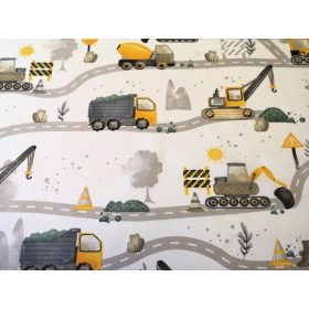   160 cm széles pamutvászon textil / sárga - szürke munkagépek az úton