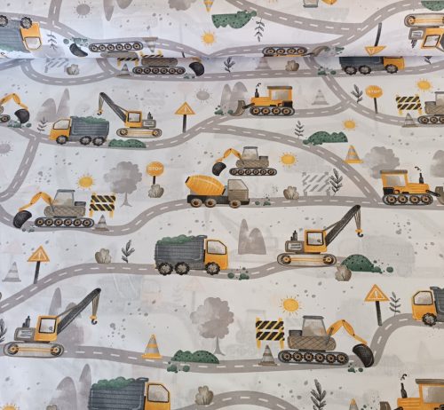 160 cm széles pamutvászon textil / sárga - szürke munkagépek az úton