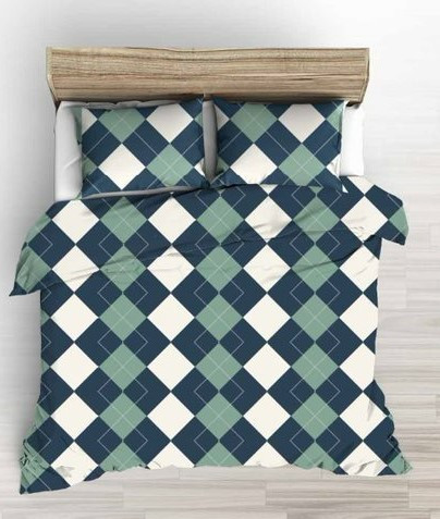 Akciós 5 részes ágynemű huzat sötétkék - olajzöld rombusz mintás + 200x220 cm paplan együtt