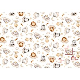   Pamutvászon textil - 160 cm / barna - szürke állatok felhőn mintás  fehér alapon 