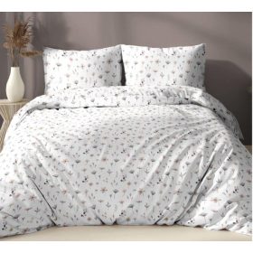 3 részes pamut ágynemű huzat szett - 140X200 cm /   bézs -szürke szolid virág mintás