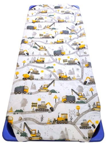 Töltött gumifüles ovis lepedő - derékalj - 55x130 cm / szürke - sárga munkagépek az úton mintás 