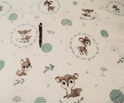 Pamutvászon textil - 160 cm / ELFORDÍTOTT  őzike - nyuszi mintával pöttyös alapon