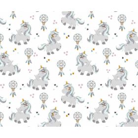   Pamutvászon textil - 160 cm / türkiz - szürke unikornis - álomfogó