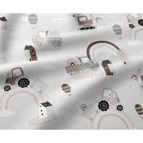   Pamutvászon textil - 160 cm / halványszürke alapon barna munkagép házikó mintás