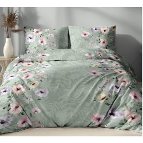 3 részes pamut ágynemű huzat szett - 140x200 cm / pasztell zöld virág bordűrös