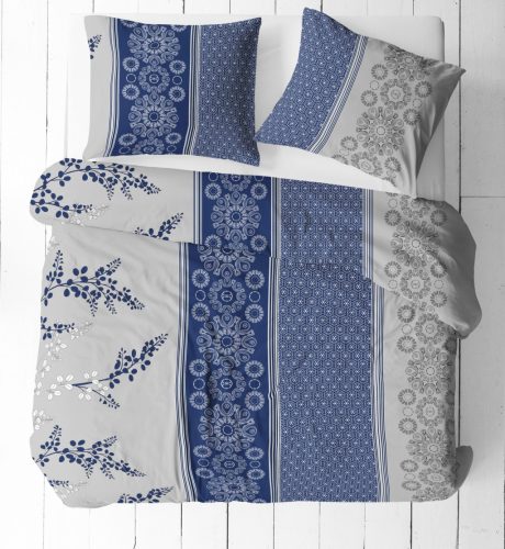 Krepp extra hosszú ágynemű huzat 3 részes garnitúra  - 140x220 cm / kék - szürke virágos