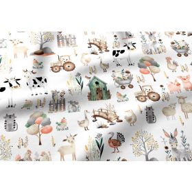   Pamutvászon textil - 160 cm / farmon élő állatok - fehér alapon