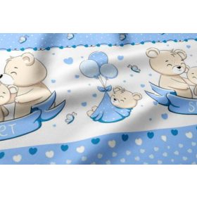   Pamutvászon textil - 160 cm / Kék szív bordűrös édes maci család - Elfordított 