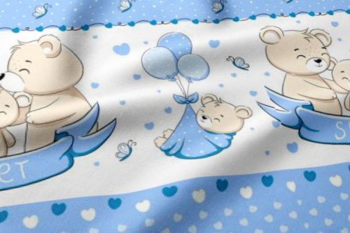 Pamutvászon textil - 160 cm / Kék szív bordűrös édes maci család - Elfordított 