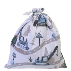   100% pamut zsinóros textil zsák kék munkagépek az úton mintás - 30x30 cm