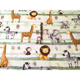   Zöld csíkos szafari állat mintás pamutvászon textil - 160 cm