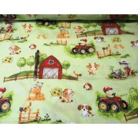 Pamutvászon textil - 160 cm / almazöld alapon farm állatok - piros traktor mintás
