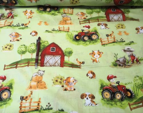 Pamutvászon textil - 160 cm / almazöld alapon farm állatok - piros traktor mintás