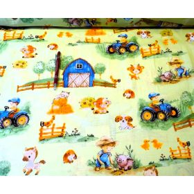   Pamutvászon textil - 160 cm / halványzöld alapon farm állatok - kék traktor mintás