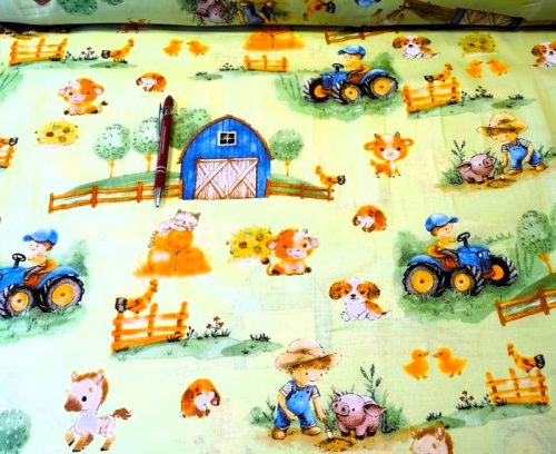 Pamutvászon textil - 160 cm / halványzöld alapon farm állatok - kék traktor mintás