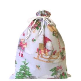   Textil Mikulás zsák - ajándék tasak - 25x35 cm / világos szürke alapon kislány szánkó