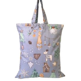   Karácsonyi pamutvászon textil táska - 35x45 cm / világosszürke manó - szarvas - fenyő 