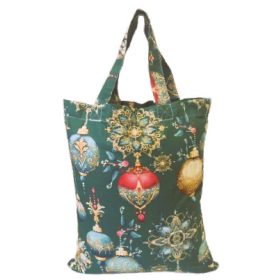   Karácsonyi textil ajándék táska - 35x45 cm / zöld alapon gömbdísz mintás