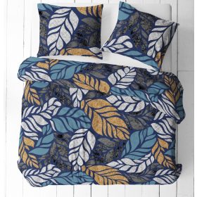   3 részes hosszú ágynemű huzat szett 140x220 cm / sötétkék alapon színes levél mintás