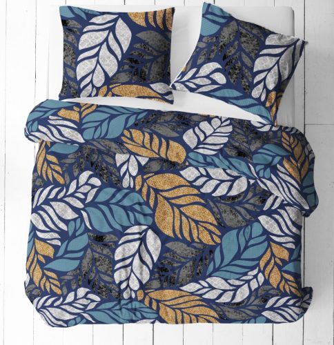 3 részes hosszú ágynemű huzat szett 140x220 cm / sötétkék alapon színes levél mintás