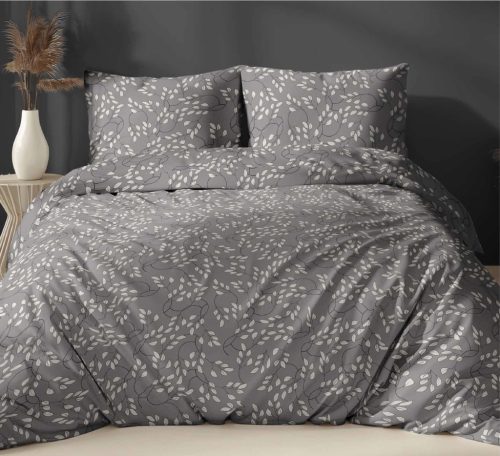 5 részes kétszemélyes ágynemű huzat garnitúra - 200x220 cm / szürke - fehér levél mintás