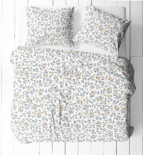 3 részes pamut ágynemű huzat szett - 140X200 cm /   fehér alapon sárga virág - levél mintás