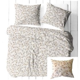   3 részes pamut ágynemű huzat szett - 140x200 cm / szürke - barna levél - virág mintás