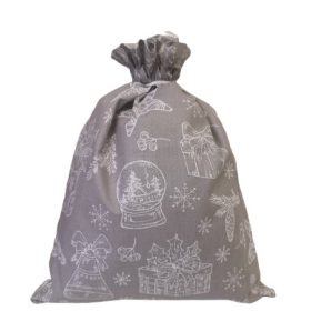   Mikulás zsák - ajándékátadó textil tasak -25x35 cm / Szürke alapon karácsonyi motívumok