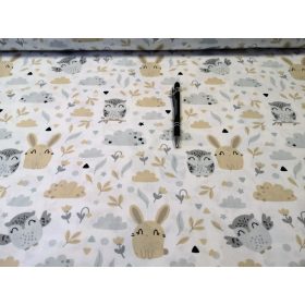 Nyuszi - bagoly mintás pamutvászon fehér alapon - 160 cm