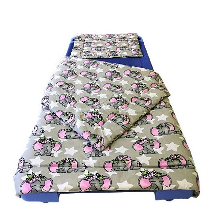 Gyermek ágynemű garnitúra ovis 90x130 cm méretben - szürke - rózsaszín elefánt mintás