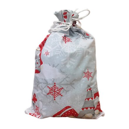 Szürke - piros manós textil zsák - ajándék tasak - 23x35 cm