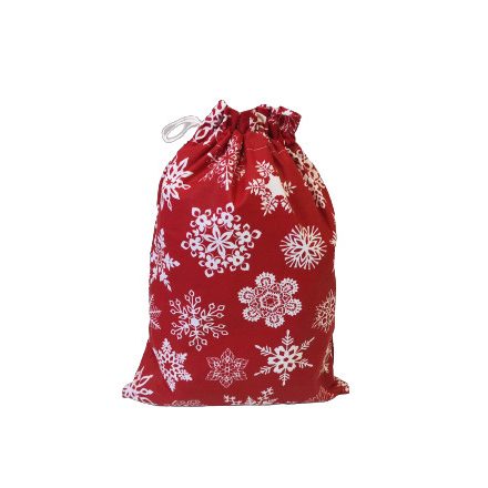 Textil karácsonyi ajándék tasak - 25x35 cm / piros alapon hópehely mintás