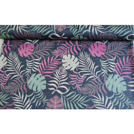 Farmerkék alapon trópusi levél mintás elasztikus jaquard textil - 150 cm