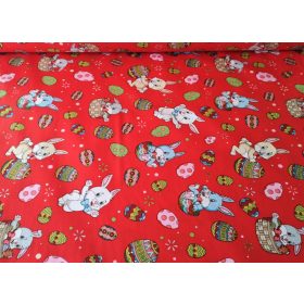   Pamutvászon - 240 cm / piros alapon húsvéti tojás - kis nyuszi mintás