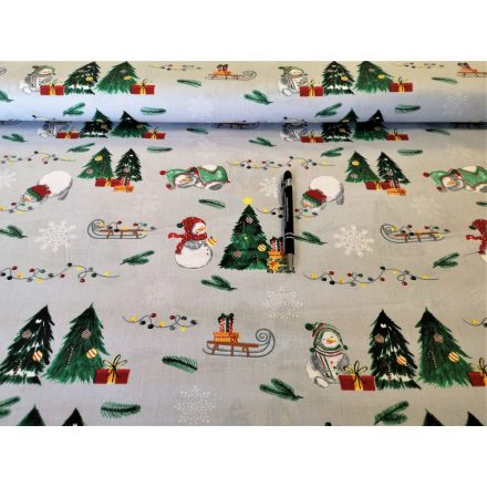 Hóember - fenyőfa mintás karácsonyi pamutvászon textil - szürke