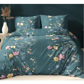   3 részes - 140x220 cm pamut hosszú ágynemű huzat szett / zöld alapon virágbordűr