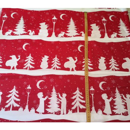 Piros alapon havas téli - karácsonyi mintás pamutvászon sávos mintával - 160 cm