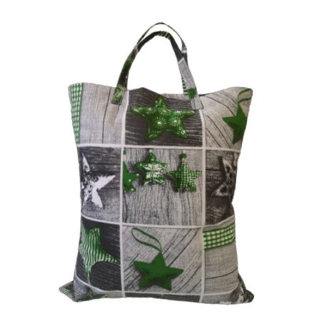 Szürke  - zöld csillag mintás karácsonyi textil táska - 35x45 cm