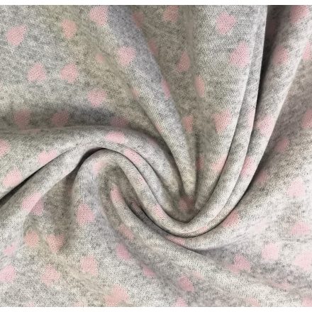 Szürke melange - rózsaszín szív mintás jacquard textil - 140 cm