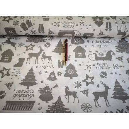 Fehér alapon szürke Merry Christmas feliratos karácsonyi pamutvászon - 160 cm