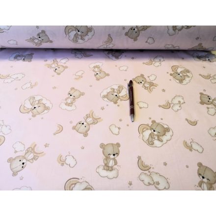 Pamutvászon textil - méteráru  - 160 cm / púder rózsaszín alapon maci - felhő mintás