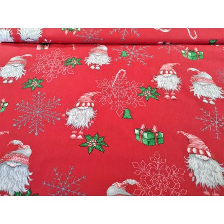 Piros alapon hópehely - karácsonyi manó mintás pamutvászon