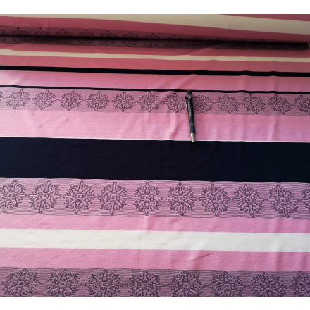 Elasztikus viscose textil - rózsaszín - sötétkék csíkos csillag mintás - 170 cm 