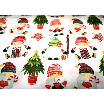 Karácsonyi pamutvászon textil piros - zöld sapkás manó mintás - 160 cm