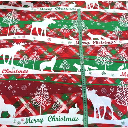 Karácsonyi  Merry Christmas sávos mintás pamutvászon textil piros - fehér - zöld színű 160 cm