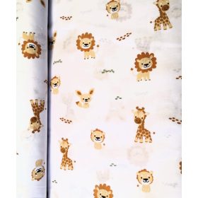   Maradék pamutvászon textil-fehér alapon zsiráf-oroszlán mintás-160x75cm