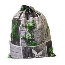   Mikulás textil zsák-ajándék tasak-szürke-zöld csillagos-25x35cm