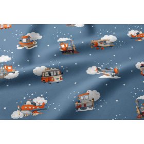  Pamutvászon textil - 160 cm kék alapon vonat-repülő mintával 